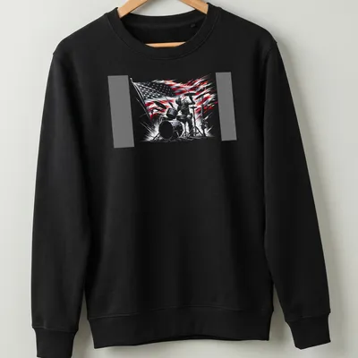 Dynamic sketch of a drummer with an American flag background in red, white, blue, and black — printed on a unisex sweatshirt