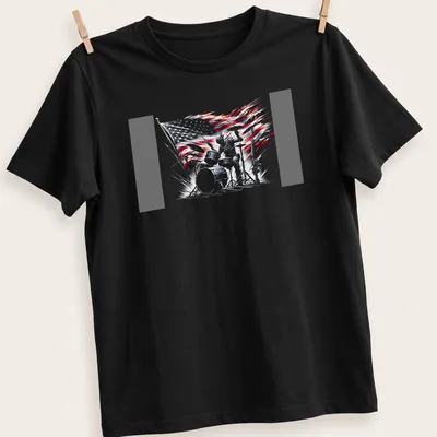 Dynamic sketch of a drummer with an American flag background in red, white, blue, and black
