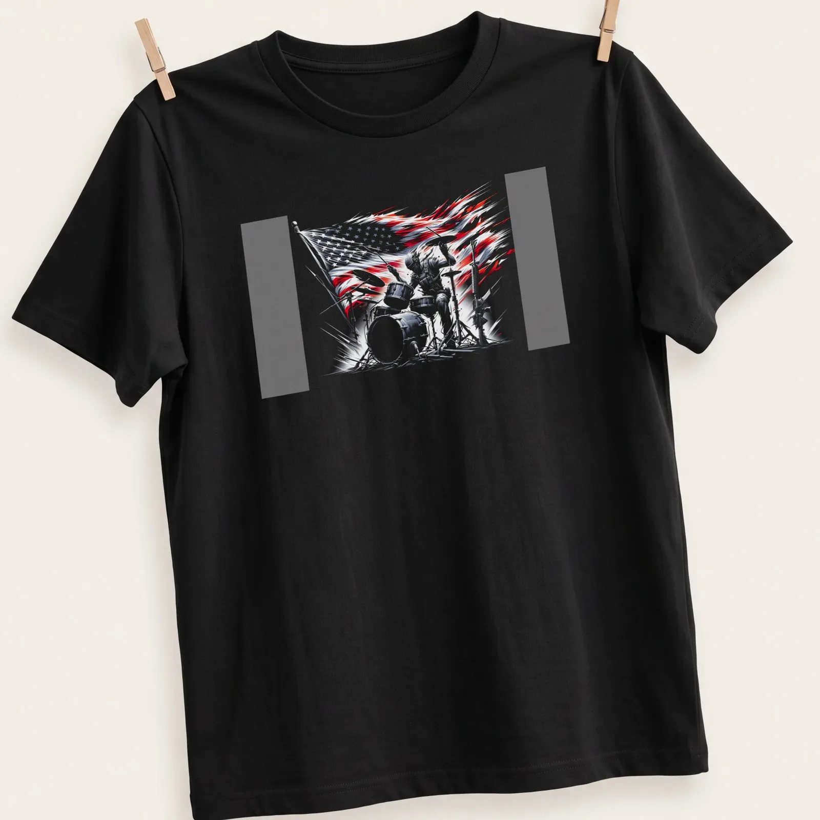 Dynamic sketch of a drummer with an American flag background in red, white, blue, and black — printed on a unisex t-shirt