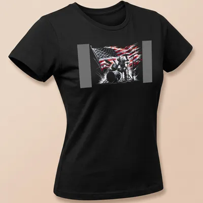 Dynamic sketch of a drummer with an American flag background in red, white, blue, and black — printed on a women's shirt