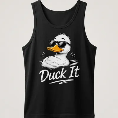 Cartoon duck with the phrase Duck It in colorful design — printed on a tank top