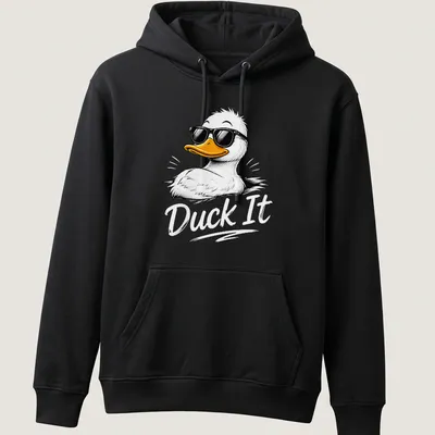 Cartoon duck with the phrase Duck It in colorful design — printed on a unisex hoodie
