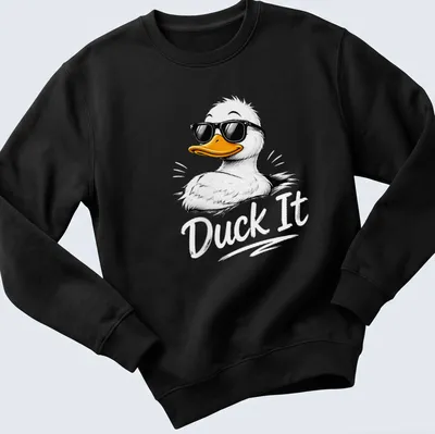 Cartoon duck with the phrase Duck It in colorful design — printed on a unisex sweatshirt