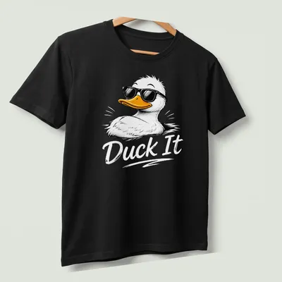 Cartoon duck with the phrase Duck It in colorful design — printed on a unisex t-shirt (angled view)