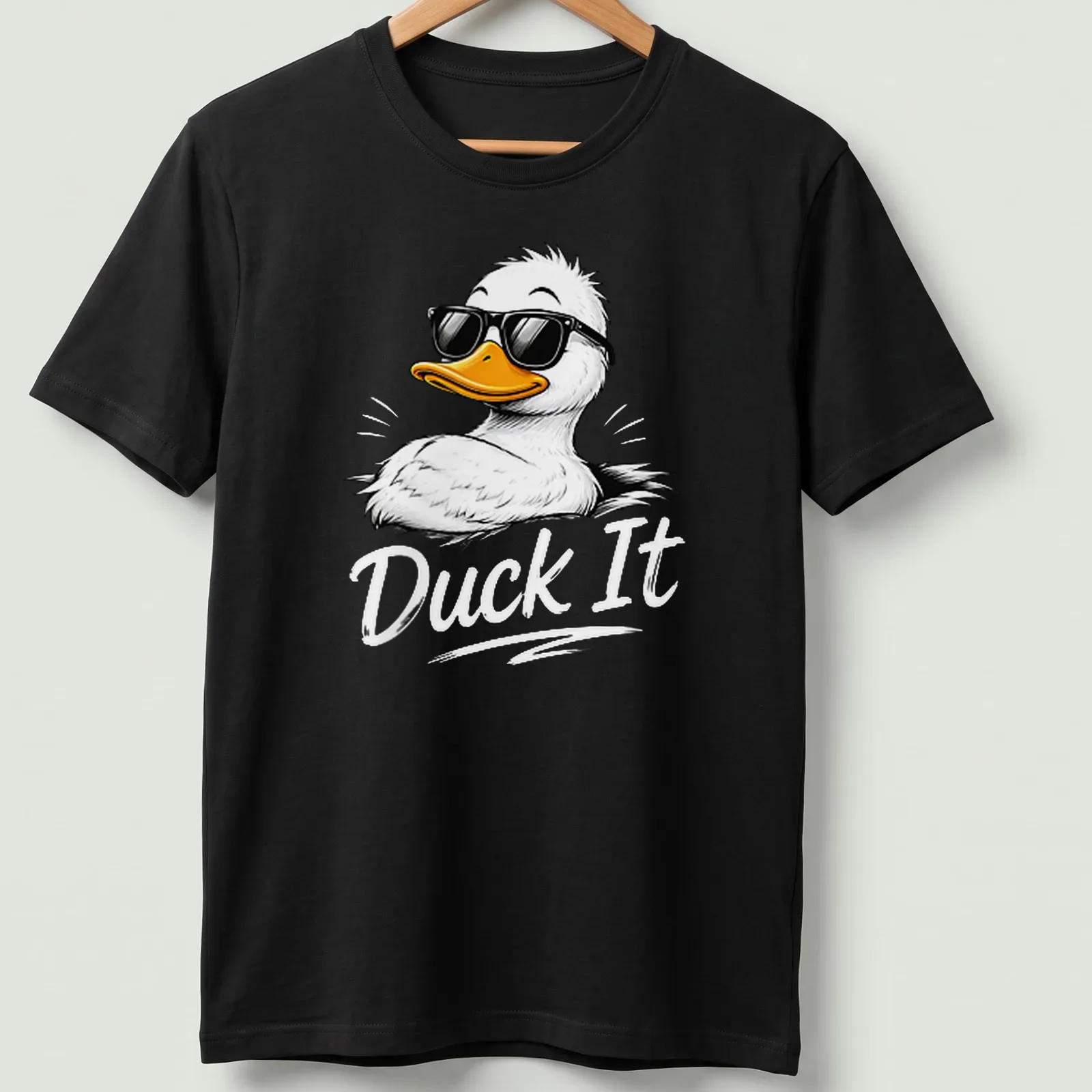 Cartoon duck with the phrase Duck It in colorful design — printed on a unisex t-shirt