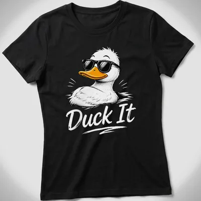 Cartoon duck with the phrase Duck It in colorful design — printed on a women's shirt