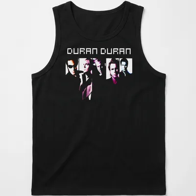 Minimalist line-art tee featuring Duran Duran band members in pink, blue, white, and purple — printed on a tank top