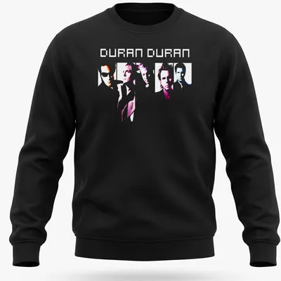 Minimalist line-art tee featuring Duran Duran band members in pink, blue, white, and purple — printed on a unisex sweatshirt