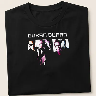 Minimalist line-art tee featuring Duran Duran band members in pink, blue, white, and purple