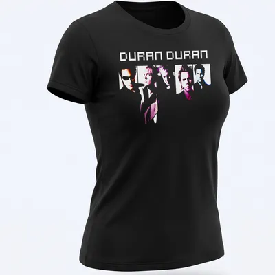 Minimalist line-art tee featuring Duran Duran band members in pink, blue, white, and purple — printed on a women's shirt