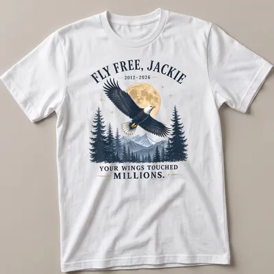 Vintage style t-shirt featuring an eagle with the text FLY FREE, JACKIE 2012-2026 YOUR WINGS TOUCHED MILLIONS.