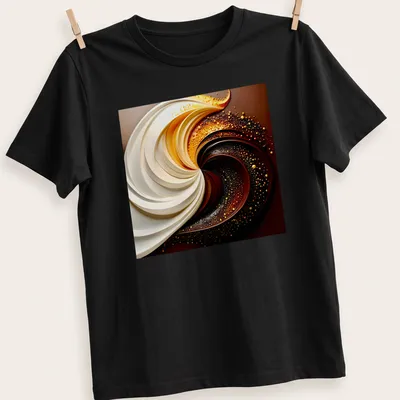 Abstract swirl in cream, chocolate, and gold on a stylish t-shirt