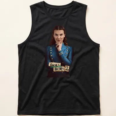 Vintage print of Enola Holmes 2 with a detective theme in blue and gold — printed on a tank top