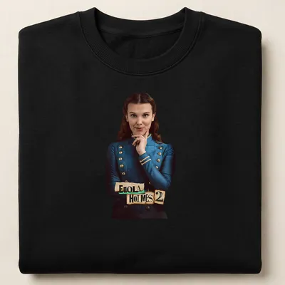 Vintage print of Enola Holmes 2 with a detective theme in blue and gold — printed on a unisex sweatshirt