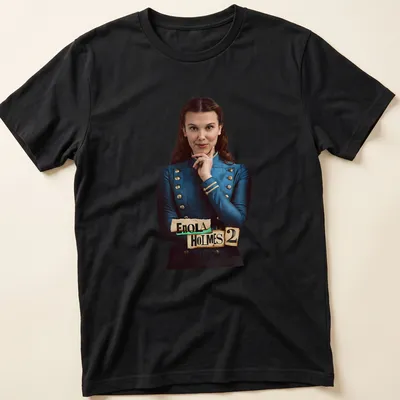 Vintage print of Enola Holmes 2 with a detective theme in blue and gold