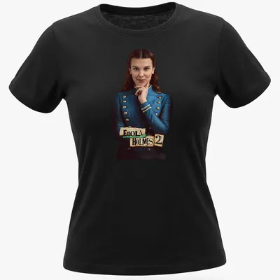 Vintage print of Enola Holmes 2 with a detective theme in blue and gold — printed on a women's shirt