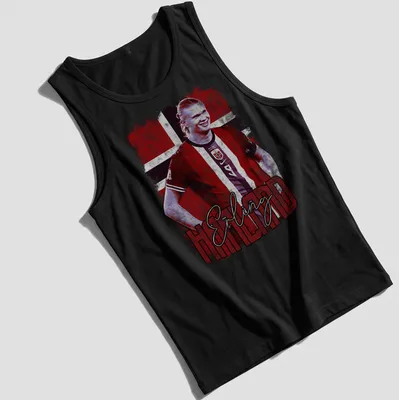 Vintage print shirt featuring Erling Haaland's name in red, white, and blue — printed on a tank top