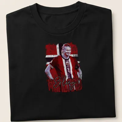 Vintage print shirt featuring Erling Haaland's name in red, white, and blue