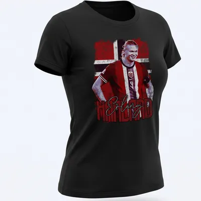 Vintage print shirt featuring Erling Haaland's name in red, white, and blue — printed on a women's shirt