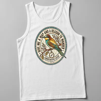 Vintage circular design featuring a European Bee-Eater with travel-themed text. — printed on a tank top