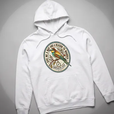 Vintage circular design featuring a European Bee-Eater with travel-themed text. — printed on a unisex hoodie