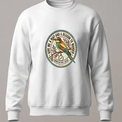 Vintage circular design featuring a European Bee-Eater with travel-themed text. — printed on a unisex sweatshirt