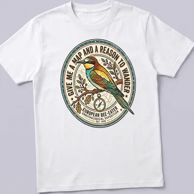 Vintage circular design featuring a European Bee-Eater with travel-themed text.