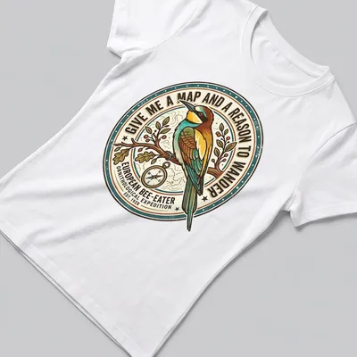 Vintage circular design featuring a European Bee-Eater with travel-themed text. — printed on a women's shirt