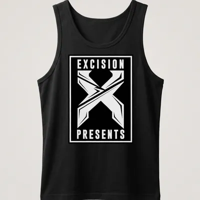 Bold graphic t-shirt featuring the Excision Presents logo in black and white — printed on a tank top