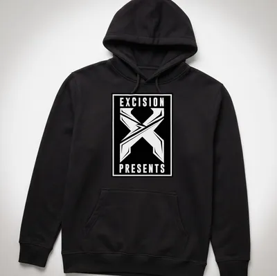 Bold graphic t-shirt featuring the Excision Presents logo in black and white — printed on a unisex hoodie