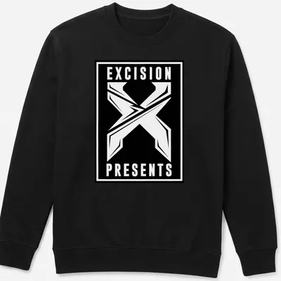 Bold graphic t-shirt featuring the Excision Presents logo in black and white — printed on a unisex sweatshirt