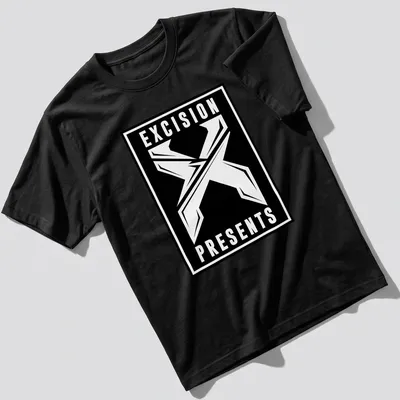 Bold graphic t-shirt featuring the Excision Presents logo in black and white