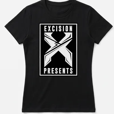 Bold graphic t-shirt featuring the Excision Presents logo in black and white — printed on a women's shirt