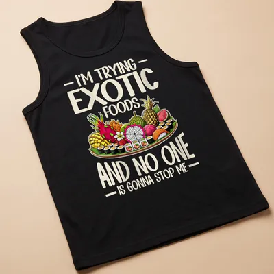 Colorful T-shirt featuring sushi and exotic fruits with playful text. — printed on a tank top