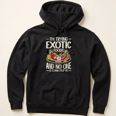 Colorful T-shirt featuring sushi and exotic fruits with playful text. — printed on a unisex hoodie