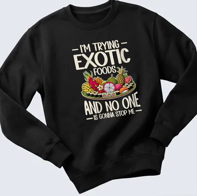 Colorful T-shirt featuring sushi and exotic fruits with playful text. — printed on a unisex sweatshirt