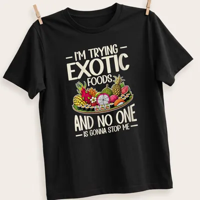 Colorful T-shirt featuring sushi and exotic fruits with playful text.