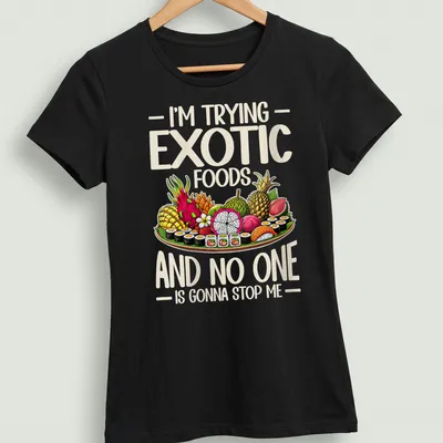 Colorful T-shirt featuring sushi and exotic fruits with playful text. — printed on a women's shirt