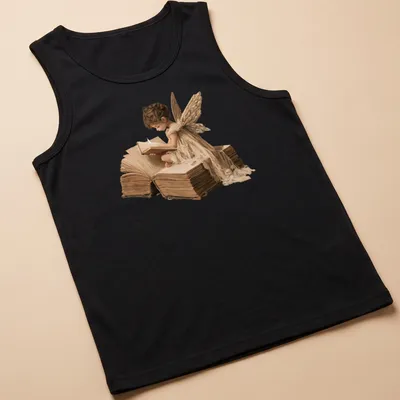 Realistic fairy reading a book with the text 'Every Story Gives Us Wings' in earthy tones — printed on a tank top