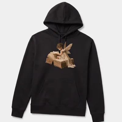 Realistic fairy reading a book with the text 'Every Story Gives Us Wings' in earthy tones — printed on a unisex hoodie