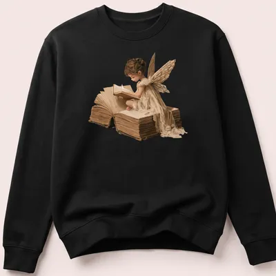 Realistic fairy reading a book with the text 'Every Story Gives Us Wings' in earthy tones — printed on a unisex sweatshirt