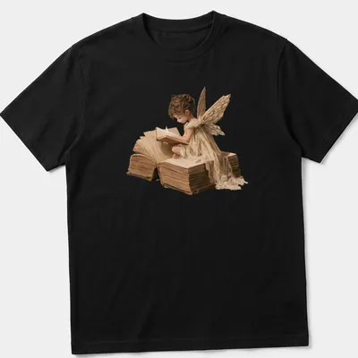 Realistic fairy reading a book with the text 'Every Story Gives Us Wings' in earthy tones