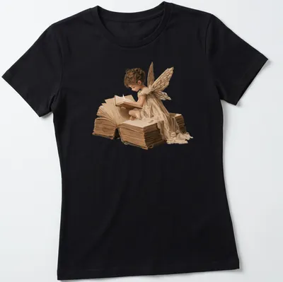 Realistic fairy reading a book with the text 'Every Story Gives Us Wings' in earthy tones — printed on a women's shirt