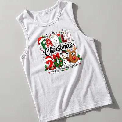 Festive Family Christmas shirt with snowman, reindeer, and colorful decorations — printed on a tank top