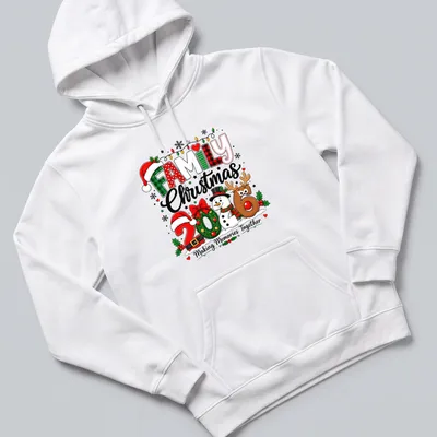 Festive Family Christmas shirt with snowman, reindeer, and colorful decorations — printed on a unisex hoodie