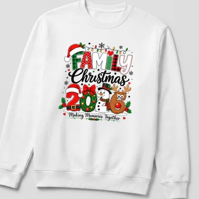 Festive Family Christmas shirt with snowman, reindeer, and colorful decorations — printed on a unisex sweatshirt