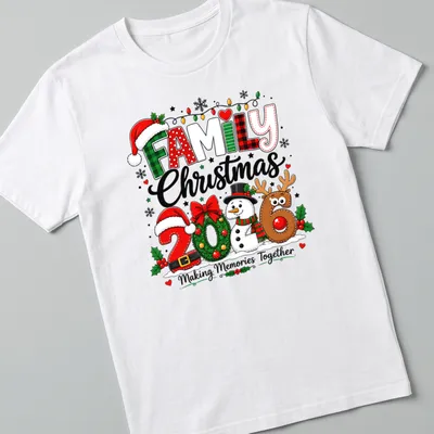 Festive Family Christmas shirt with snowman, reindeer, and colorful decorations
