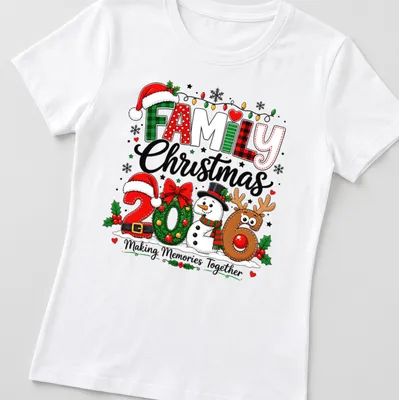 Festive Family Christmas shirt with snowman, reindeer, and colorful decorations — printed on a women's shirt