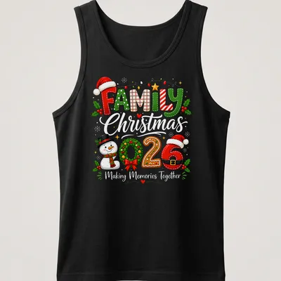 Festive Family 2026 Snowman wreath t-shirt with colorful typography — printed on a tank top