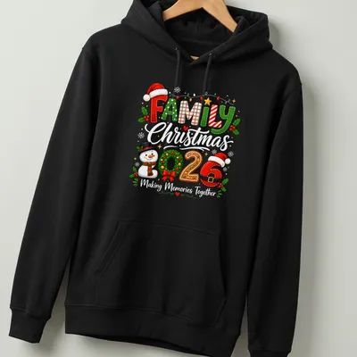 Festive Family 2026 Snowman wreath t-shirt with colorful typography — printed on a unisex hoodie